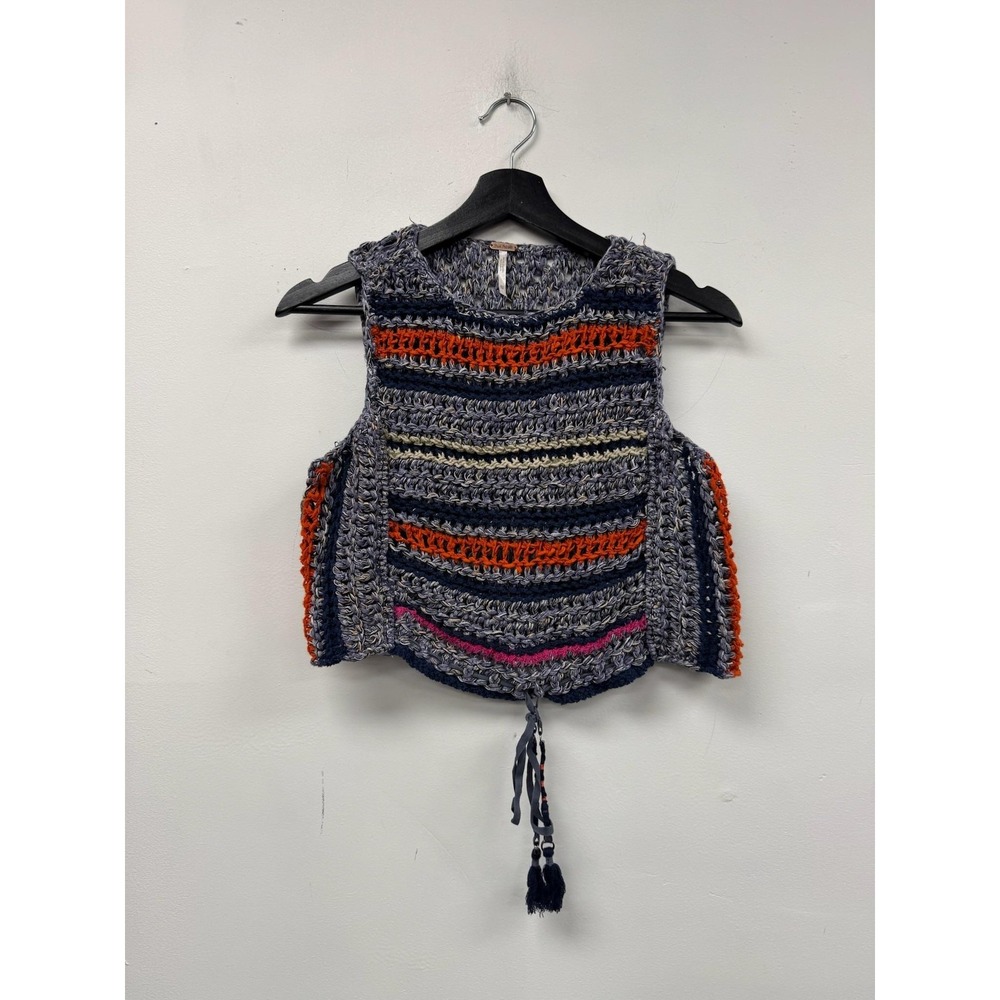 Free People Sweater Vest‎ Womens XS Multicolor Crochet Stripe Tassel Boho Top